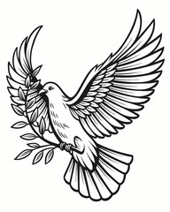 Fototapeta premium Elegant Dove of Peace – Black and White Engraved Illustration with Olive Branch.