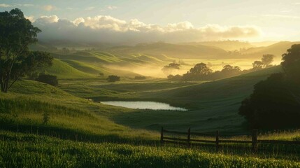 Serene Morning Scene of Dewy Land with Soft Sunlight Glimmering