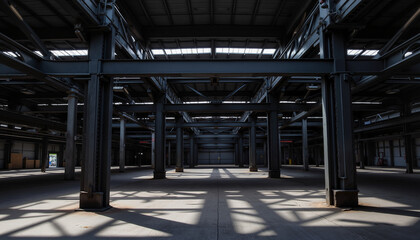 Empty industrial warehouse with shadows and sunlight