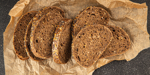 Cereal bread pieces whole grain bread product pieces fresh tasty food dish delicious gourmet food background on the table rustic food top view copy space