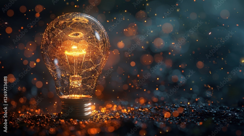 Poster illuminated concept of science and technology with a sparkling light bulb and abstract background