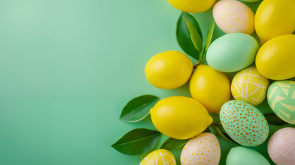 A bunch of lemons and painted eggs on a green background