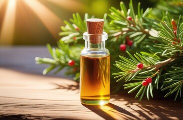 a small transparent glass bottle of juniper essential oil on a wooden table, ripe juniper berries, fresh coniferous twig, eco-friendly medicinal solution, natural background, sunny day