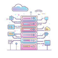 Pastel Server Stack: A whimsical illustration of a server stack connected to various devices and a cloud, symbolizing data connectivity and cloud computing.
