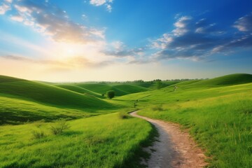 Fototapeta premium Path Through Paradise: Capture the serenity of a sun-kissed landscape, the winding path beckons the viewer, inviting exploration amidst rolling green hills under a vast blue sky.