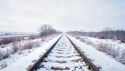 Fototapeta premium Snow-covered railway tracks through a winter landscape