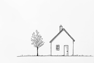 Outline of a house with a chimney and a small tree beside it.
