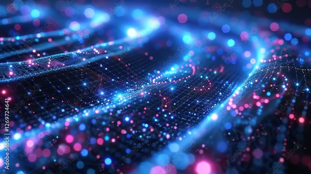 Poster vibrant abstract digital wave pattern with colorful particles and bright lights for science and tech