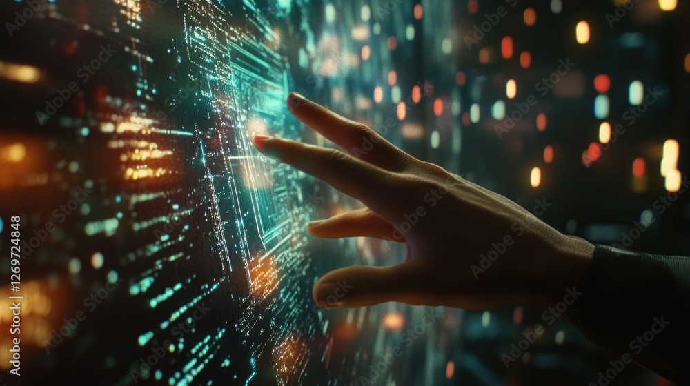Poster a hand interacts with a glowing futuristic interface or screen
