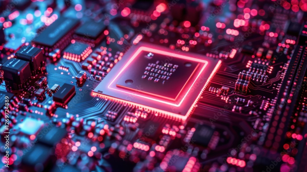 Poster high-tech microchip on circuit board with neon glow and digital elements for scientific innovation a