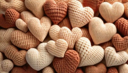 Handcrafted knitted hearts in soft colors arranged together for decorative purpose
