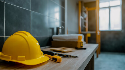 Fototapeta premium A yellow hard hat sitting on top of a wooden table