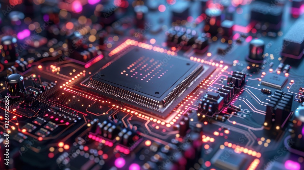 Poster detailed close-up of a futuristic microchip on a circuit board with colorful led lights illuminating