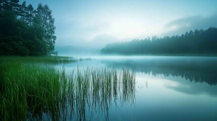 Fototapeta premium Serene Wetland Landscape with Reflective Water Under Fog