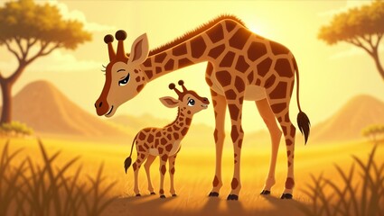 Fototapeta premium Cute cartoon giraffe mother and baby standing together in a warm sunset savanna