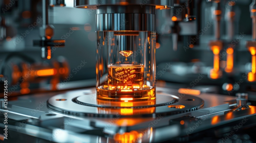 Poster advanced laboratory setup showcasing cutting-edge scientific apparatus with glowing elements and int