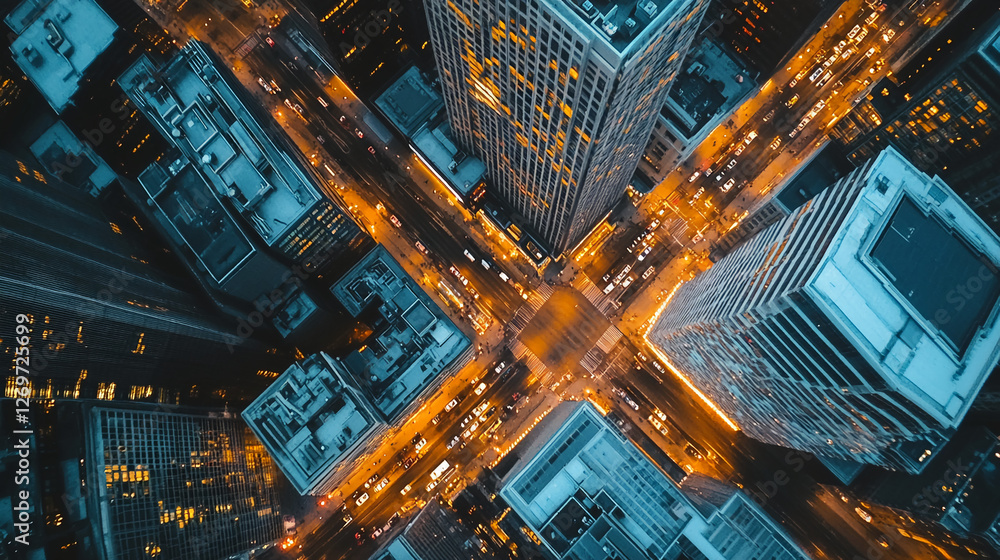 Poster aerial view of a city intersection with tall skyscrapers and busy streets, showcasing a vibrant urba