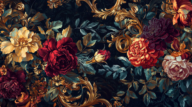 Papier peint fond d'&eacute;cran floral baroque luxueux avec ornements dor&eacute;s et fleurs raffin&eacute;es