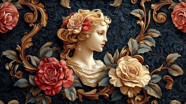 Papier peint fond d'&eacute;cran floral baroque luxueux avec ornements dor&eacute;s et fleurs raffin&eacute;es