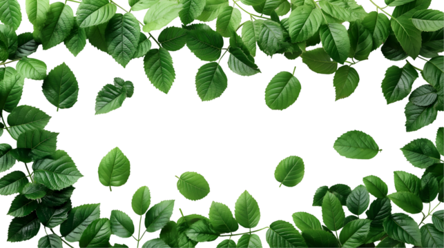 Green Leaves Natural Frame on White, Fresh Spring Foliage for Botanical Design, isolated on transparent background.
