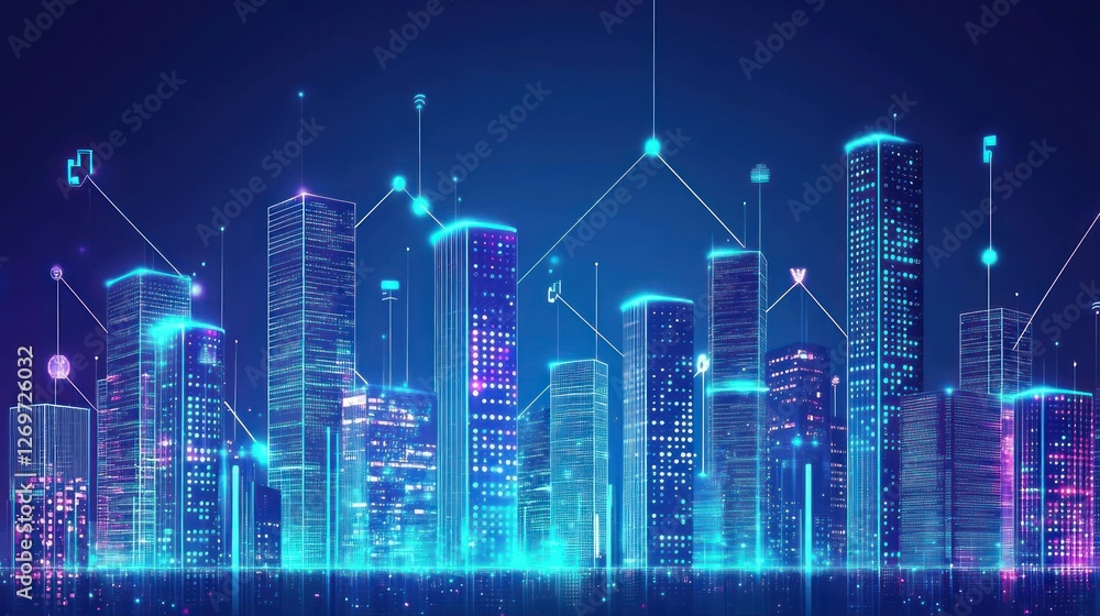 Poster futuristic cityscape with data connections and glowing architecture