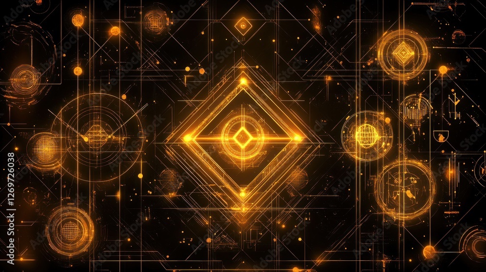 Poster abstract tech design: glowing lines and geometric shapes on dark background