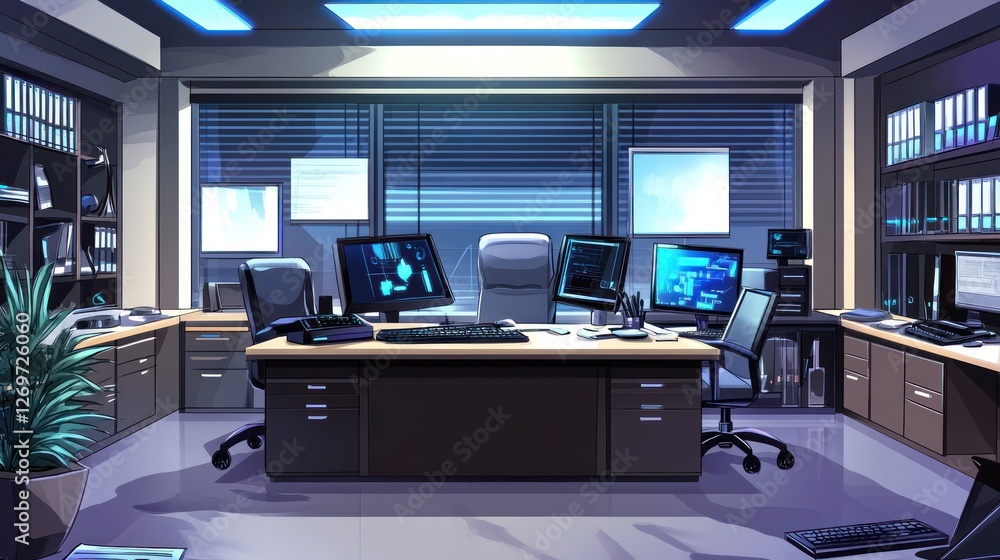 Poster computer filled futuristic office with several workspaces shown clearly
