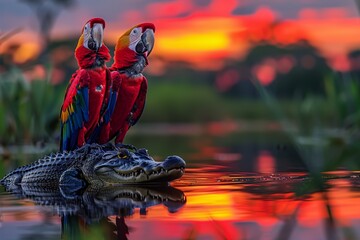 Another captivating view of two vibrant parrots resting on a majestic alligator during a picturesque sunset, showcasing the interplay between wildlife and nature's beauty.