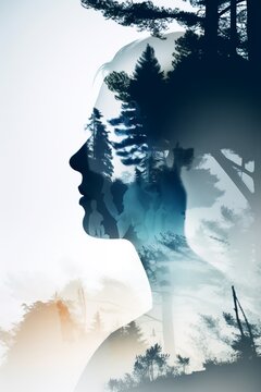 Inner Landscape: A portrait of a woman merges seamlessly with a serene forest scene, creating a visually striking double exposure that symbolizes the interconnectedness of the individual and nature.