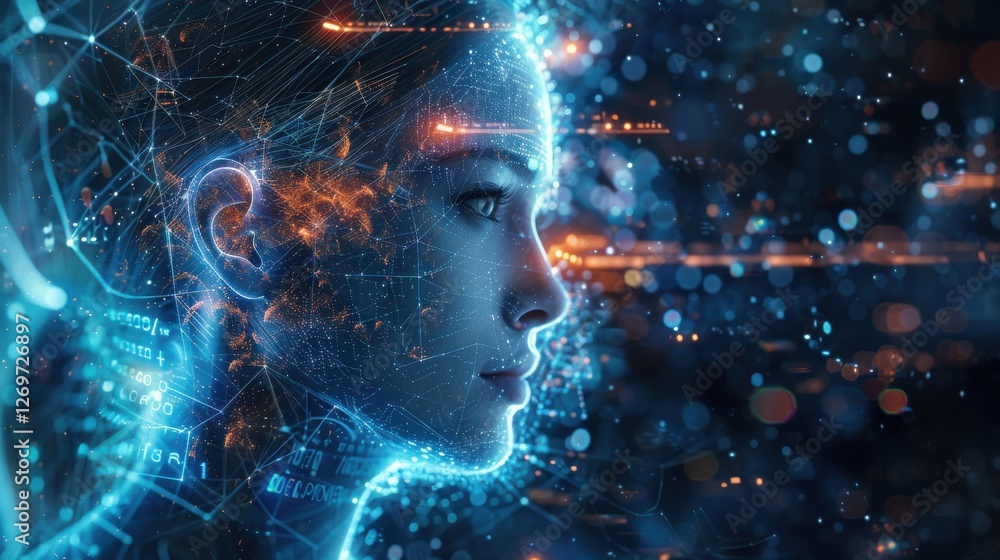 Poster futuristic portrait of a woman with digital network background and abstract data visualizations