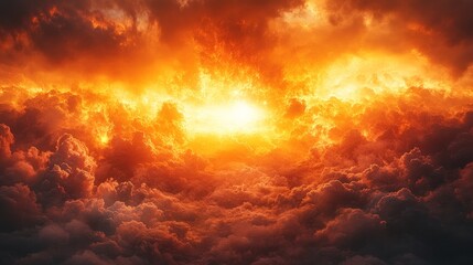 Fototapeta premium Fiery cloudscape with a brilliant light source emerging from a stormy sky.