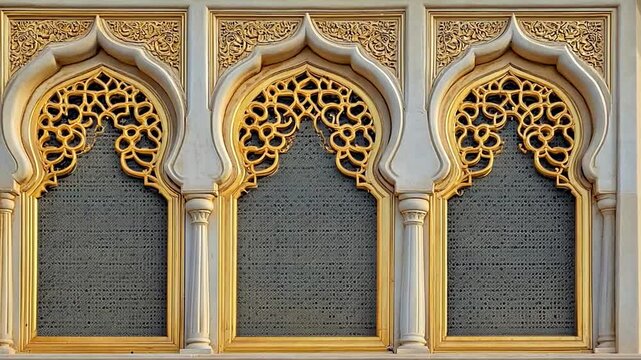 Ornate Middle Eastern building facade detail, sunlight, textured background, architectural design