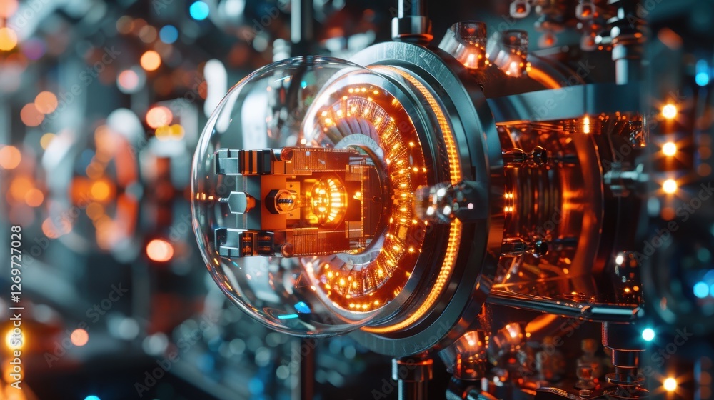 Poster futuristic quantum computer hardware with glowing lights and detailed components in a high-tech envi
