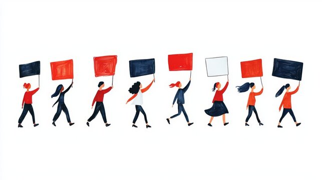 Illustration of diverse people marching with banners in a peaceful protest.