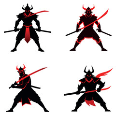 Epic silhouette of a samurai warrior holding a katana, battle-ready stance, traditional armor details, vector art bundle set