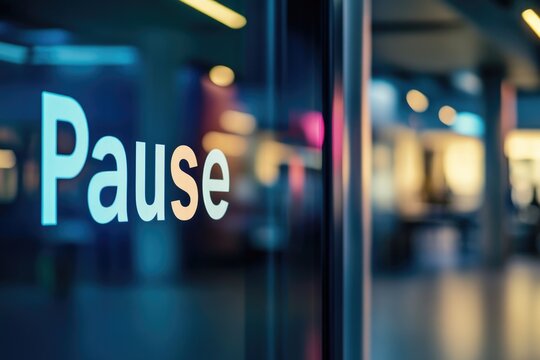 A striking 'Pause' sign stands out in a modern space, blending art and functionality, inviting viewers to take a break and reflect amidst a blurred, lively background.