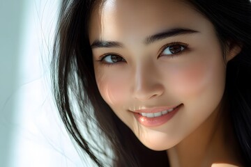 Obraz premium A vibrant young Asian woman in her mid-30s with glossy, straight black hair, smiling radiantly. Close-up portrait emphasizing youthful beauty, healthy skin, and happiness. in white background