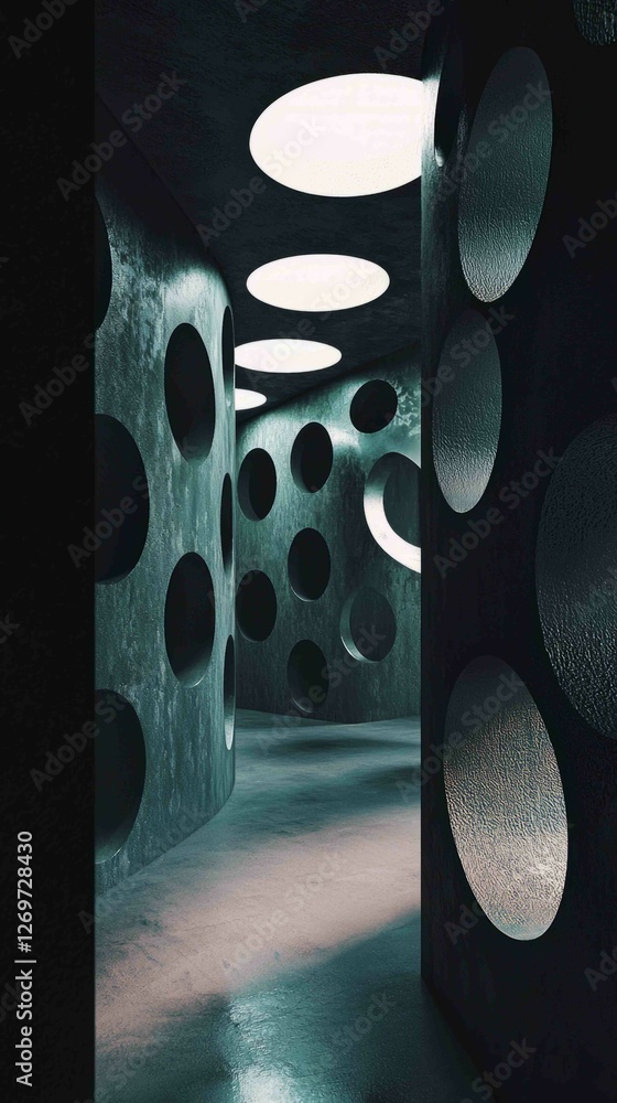 Poster surreal art installation featuring intriguing circular structures