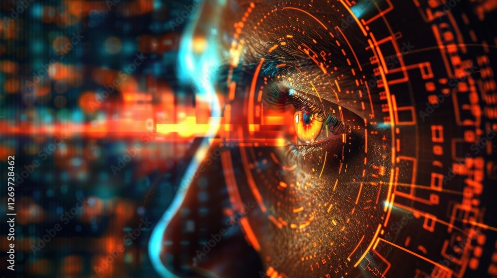 Poster futuristic digital eye with abstract technology, data visualization and neon elements in science con