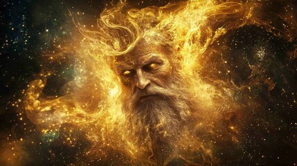 Surreal Celestial Portrait of God with Fiery Golden Aura