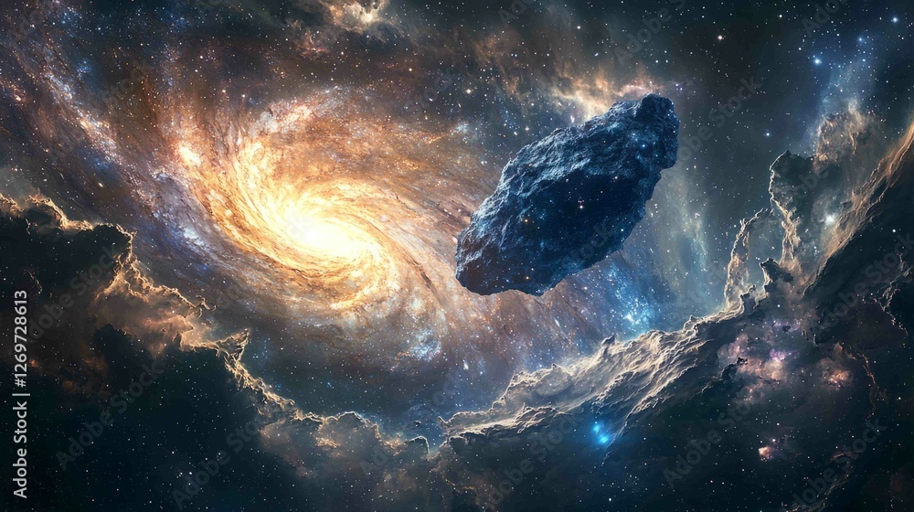 Poster surreal cosmic scene with floating meteorite and galaxy background