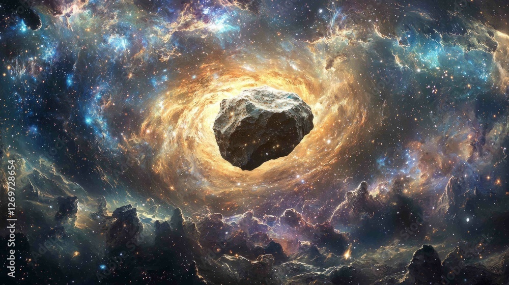 Poster surreal cosmic scene with floating meteorite in vast space