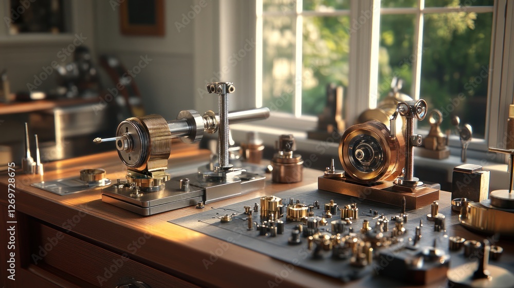Poster precision instruments and small parts on a wooden workbench