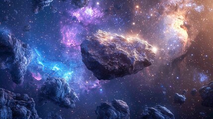 Surreal Cosmic Scene with Meteorite Floating in the Universe