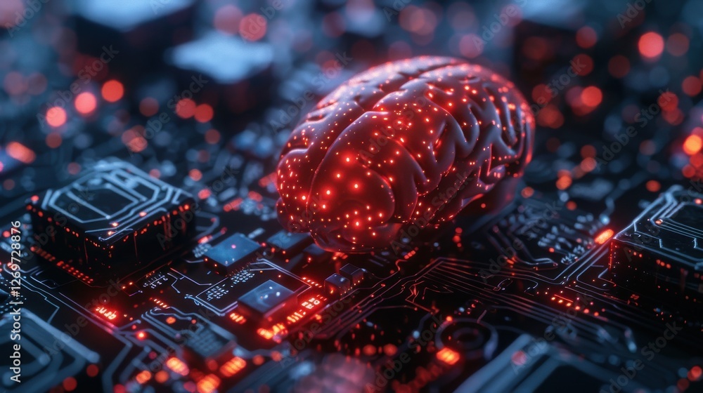 Aufkleber futuristic representation of brain over circuit board with glowing technology elements