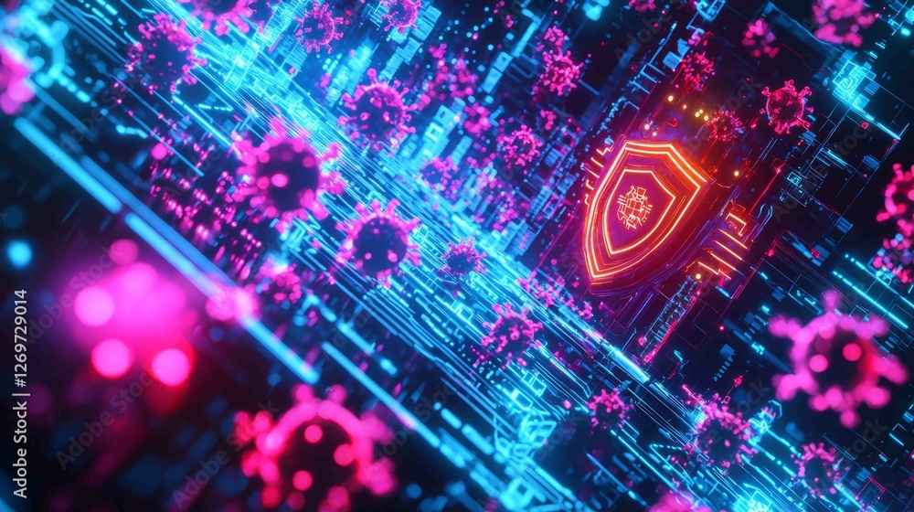 Poster surreal digital landscape with luminous colors and abstract elements