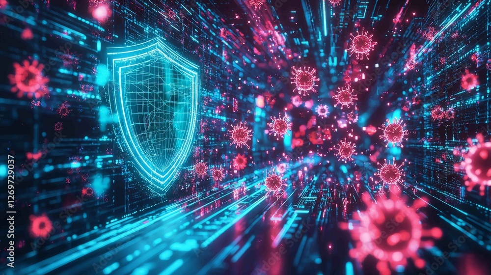 Poster surreal digital landscape with luminous shield elements and patterns
