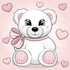 Cute cartoon white bear toy with pink bow and hearts. Vector illustration of an animal on a pink background.