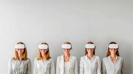 A group of women wearing virtual reality headsets in a row