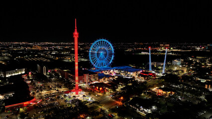 Icon Park At Orlando In Florida United States. Illuminated Park. Universal Orlando Scene. Night City Scenery. Florida United States. Icon Park At Orlando In Florida United States. 